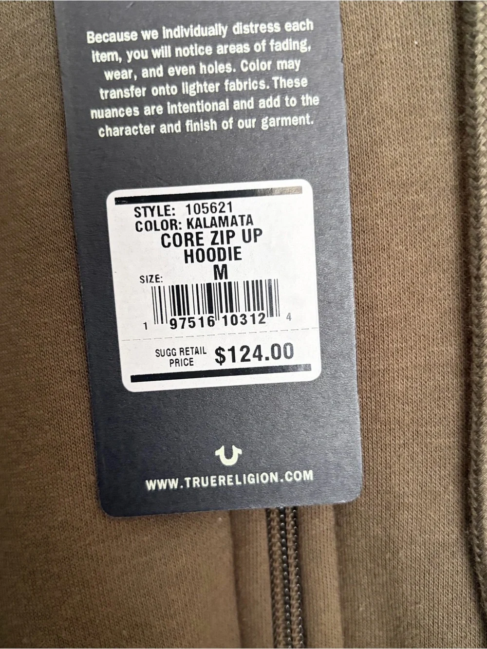 True Religion Men's Core Zip Up Hoodie Kalamata Size Medium NWT
